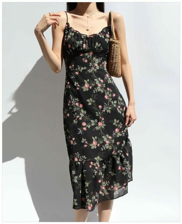 Black Pink Roses Maxi Dress Y2K Streetwear Aesthetic