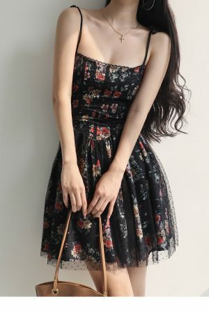 Black Red Floral Lace Mini Dress Y2K Streetwear Aesthetic