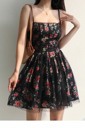 Black Red Floral Lace Mini Dress Y2K Streetwear Aesthetic