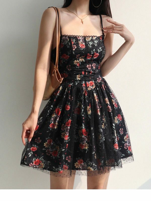 Black Red Floral Lace Mini Dress Y2K Streetwear Aesthetic