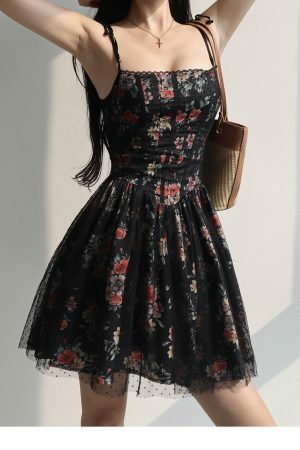 Black Red Floral Lace Mini Dress Y2K Streetwear Aesthetic