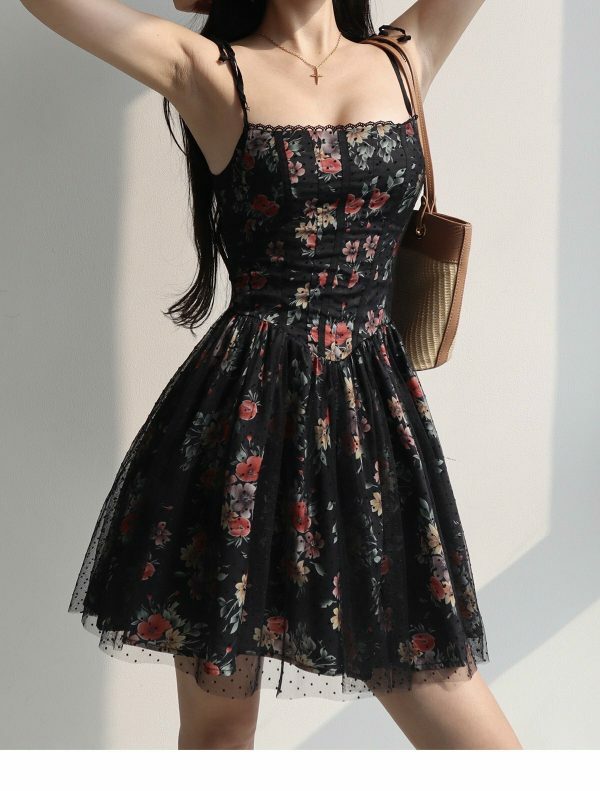 Black Red Floral Lace Mini Dress Y2K Streetwear Aesthetic