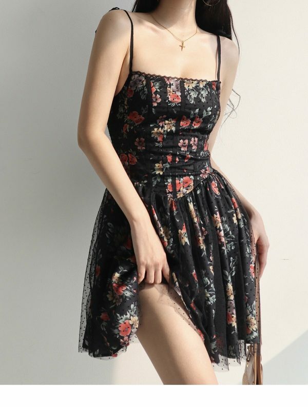 Black Red Floral Lace Mini Dress Y2K Streetwear Aesthetic