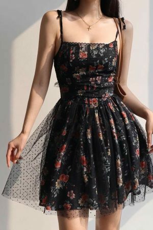 Black Red Floral Lace Mini Dress Y2K Streetwear Aesthetic