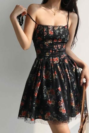 Black Red Floral Lace Mini Dress Y2K Streetwear Aesthetic