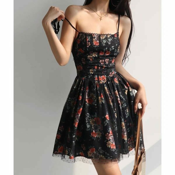 Black Red Floral Lace Mini Dress Y2K Streetwear Aesthetic