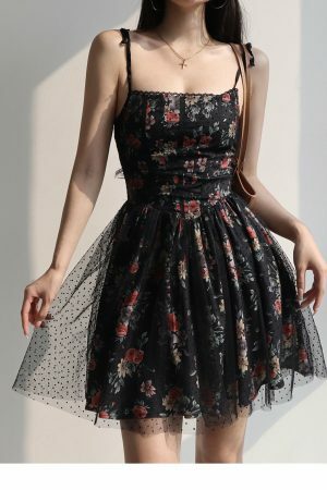 Black Red Floral Lace Mini Dress Y2K Streetwear Aesthetic