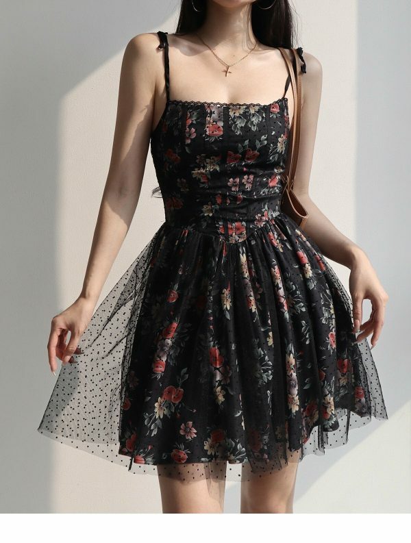 Black Red Floral Lace Mini Dress Y2K Streetwear Aesthetic