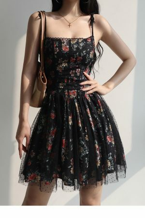 Black Red Floral Lace Mini Dress Y2K Streetwear Aesthetic