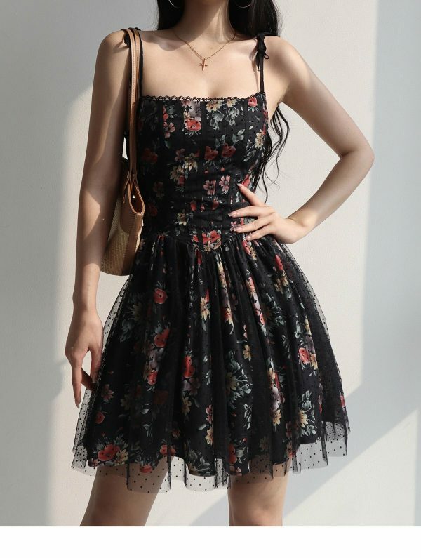 Black Red Floral Lace Mini Dress Y2K Streetwear Aesthetic