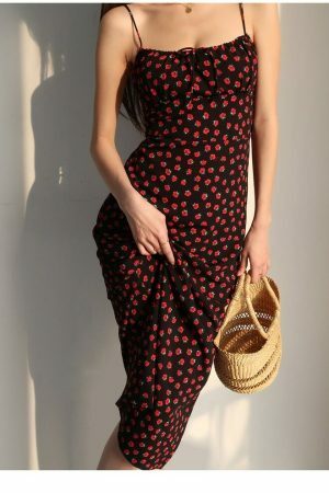 Black Red Floral Midi Strap Dress Y2K Korean French Retro Summer 60s 70s 80s 90s 00s Streetwear