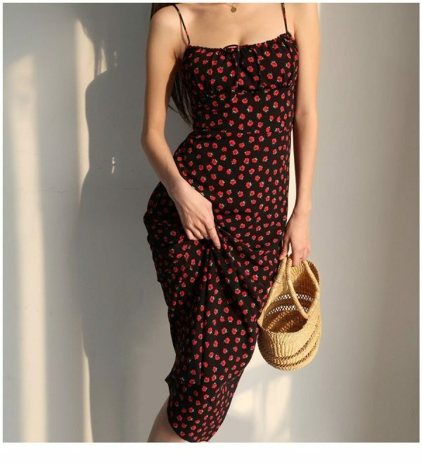 Black Red Floral Midi Strap Dress Y2K Korean French Retro Summer 60s 70s 80s 90s 00s Streetwear