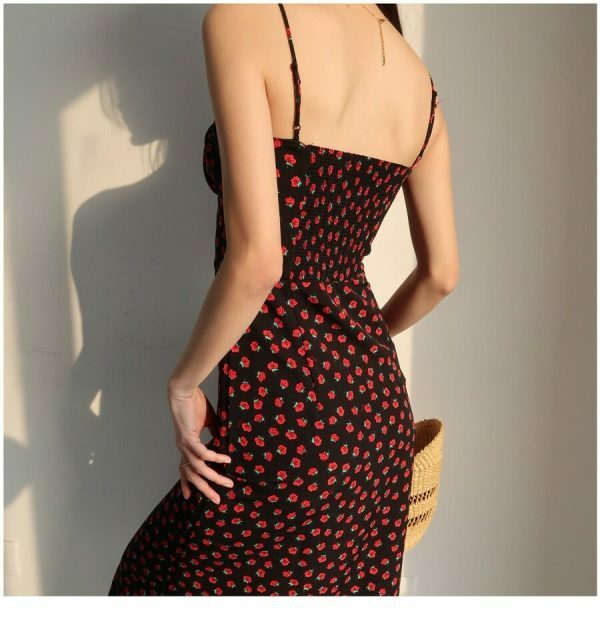 Black Red Floral Midi Strap Dress Y2K Korean French Retro Summer 60s 70s 80s 90s 00s Streetwear