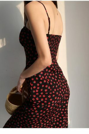 Black Red Floral Midi Strap Dress Y2K Korean French Retro Summer 60s 70s 80s 90s 00s Streetwear