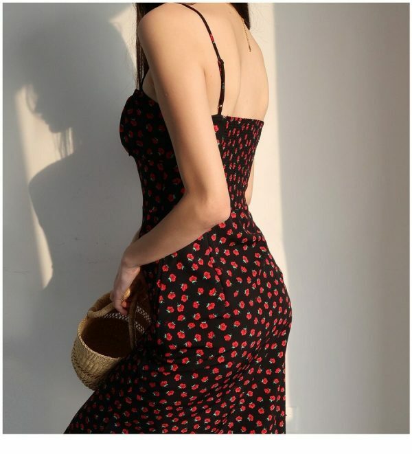 Black Red Floral Midi Strap Dress Y2K Korean French Retro Summer 60s 70s 80s 90s 00s Streetwear