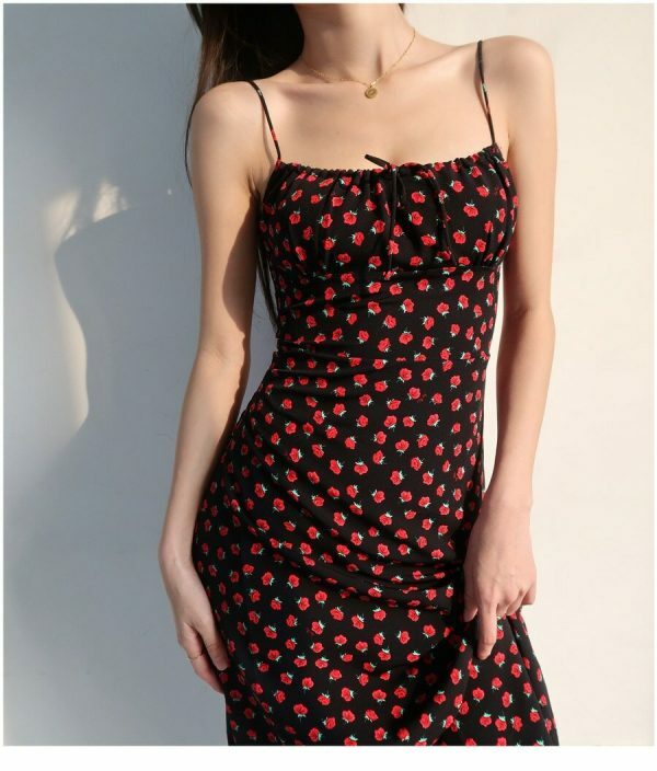 Black Red Floral Midi Strap Dress Y2K Korean French Retro Summer 60s 70s 80s 90s 00s Streetwear