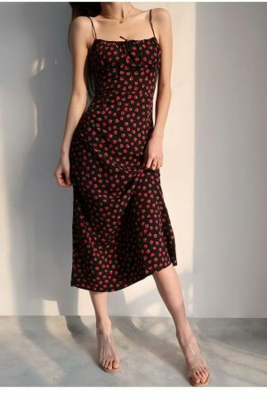 Black Red Floral Midi Strap Dress Y2K Korean French Retro Summer 60s 70s 80s 90s 00s Streetwear