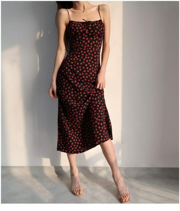 Black Red Floral Midi Strap Dress Y2K Korean French Retro Summer 60s 70s 80s 90s 00s Streetwear