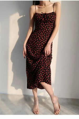 Black Red Floral Midi Strap Dress Y2K Korean French Retro Summer 60s 70s 80s 90s 00s Streetwear