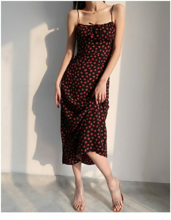 Black Red Floral Midi Strap Dress Y2K Korean French Retro Summer 60s 70s 80s 90s 00s Streetwear