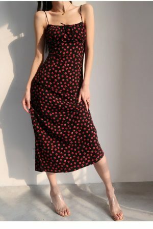 Black Red Floral Midi Strap Dress Y2K Korean French Retro Summer 60s 70s 80s 90s 00s Streetwear