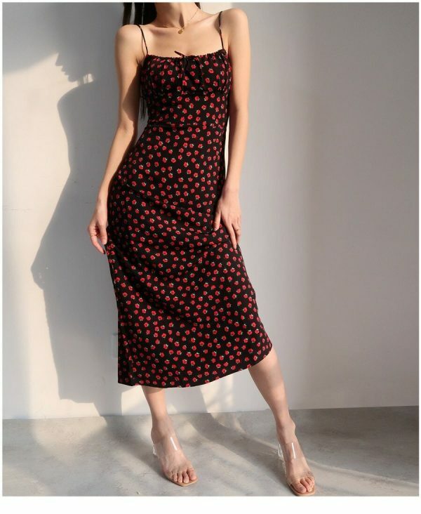 Black Red Floral Midi Strap Dress Y2K Korean French Retro Summer 60s 70s 80s 90s 00s Streetwear