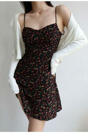 Black Red Floral Mini Dress Y2K Streetwear Spaghetti Strap Chiffon Sundress