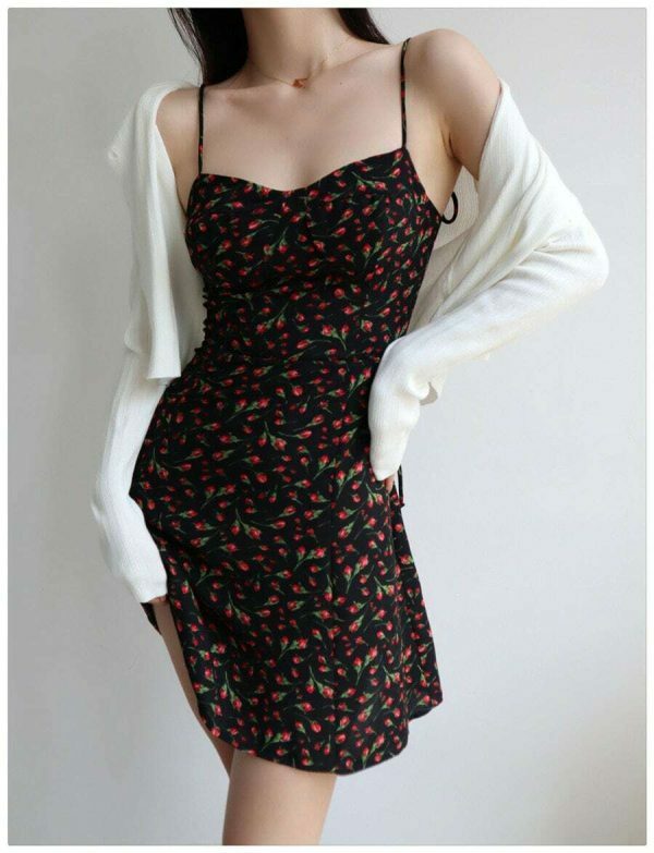 Black Red Floral Mini Dress Y2K Streetwear Spaghetti Strap Chiffon Sundress