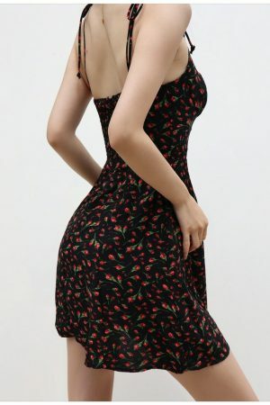 Black Red Floral Mini Dress Y2K Streetwear Spaghetti Strap Chiffon Sundress