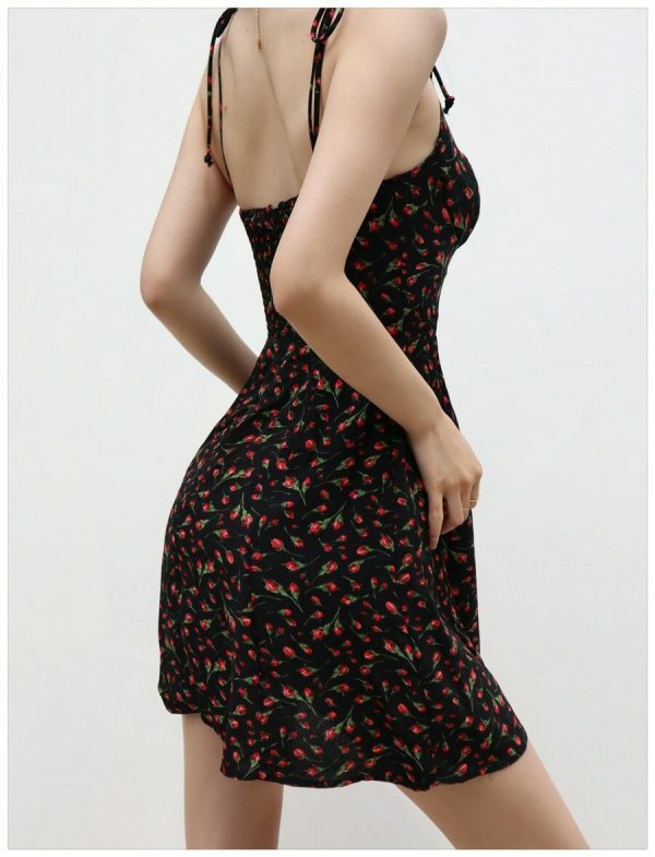 Black Red Floral Mini Dress Y2K Streetwear Spaghetti Strap Chiffon Sundress