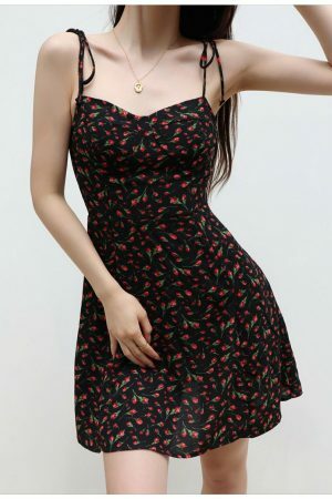 Black Red Floral Mini Dress Y2K Streetwear Spaghetti Strap Chiffon Sundress