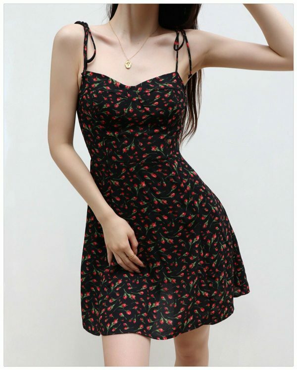 Black Red Floral Mini Dress Y2K Streetwear Spaghetti Strap Chiffon Sundress