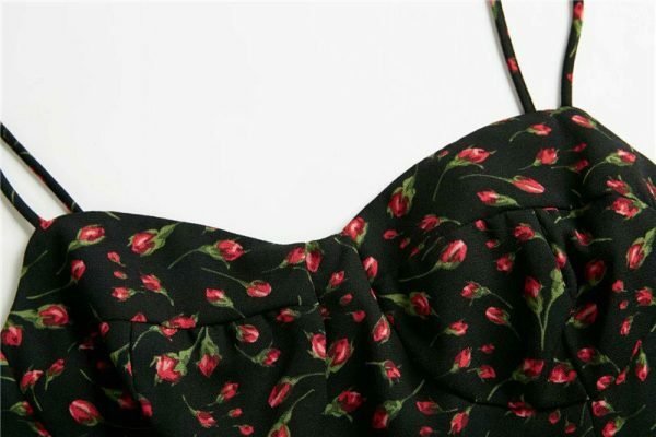 Black Red Floral Mini Dress Y2K Streetwear Spaghetti Strap Chiffon Sundress