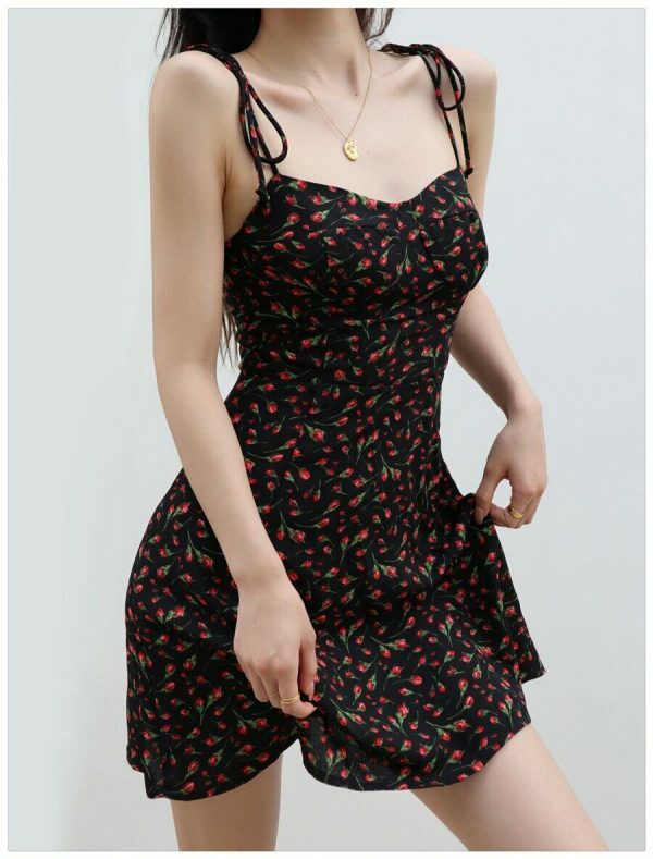 Black Red Floral Mini Dress Y2K Streetwear Spaghetti Strap Chiffon Sundress