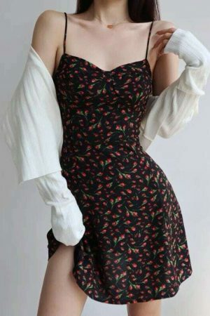 Black Red Floral Mini Dress Y2K Streetwear Spaghetti Strap Chiffon Sundress