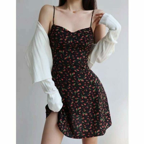 Black Red Floral Mini Dress Y2K Streetwear Spaghetti Strap Chiffon Sundress