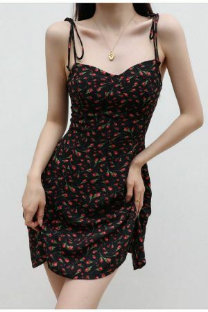 Black Red Floral Mini Dress Y2K Streetwear Spaghetti Strap Chiffon Sundress