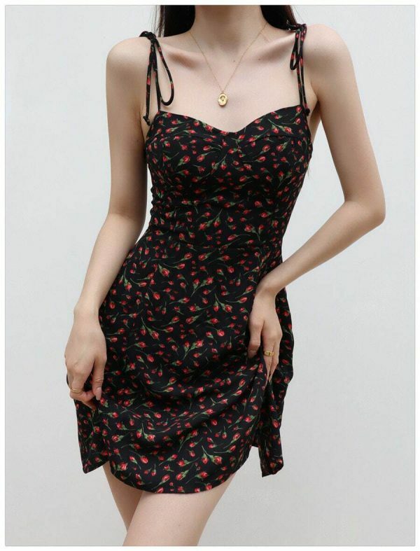 Black Red Floral Mini Dress Y2K Streetwear Spaghetti Strap Chiffon Sundress