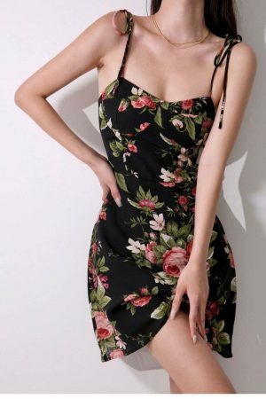 Black Red Floral Mini Tie Strap Dress Chiffon Slip Y2K Streetwear Aesthetic