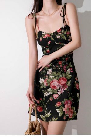 Black Red Floral Mini Tie Strap Dress Chiffon Slip Y2K Streetwear Aesthetic