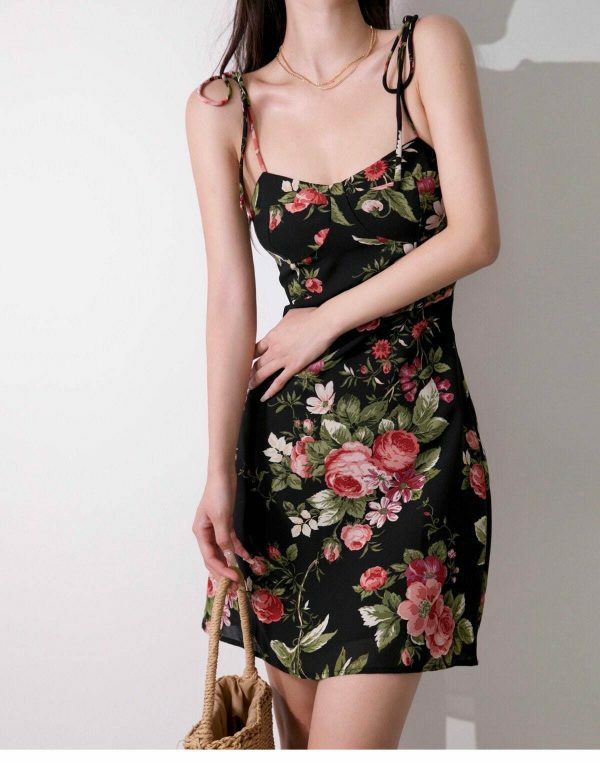 Black Red Floral Mini Tie Strap Dress Chiffon Slip Y2K Streetwear Aesthetic