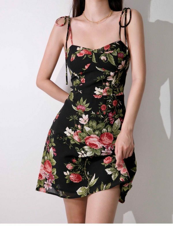 Black Red Floral Mini Tie Strap Dress Chiffon Slip Y2K Streetwear Aesthetic