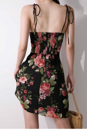 Black Red Floral Mini Tie Strap Dress Chiffon Slip Y2K Streetwear Aesthetic