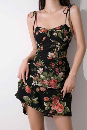 Black Red Floral Mini Tie Strap Dress Chiffon Slip Y2K Streetwear Aesthetic