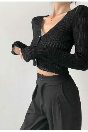 Black Ribbed Knitted Long Sleeves Cardigan Top with Closed Pearl Button V-Neck