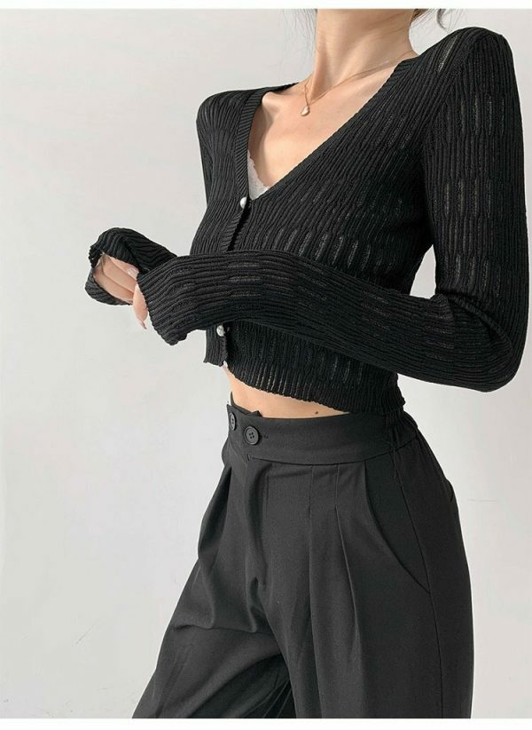 Black Ribbed Knitted Long Sleeves Cardigan Top with Closed Pearl Button V-Neck