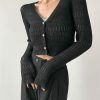 Black Ribbed Knitted Long Sleeves Cardigan Top with Closed Pearl Button V-Neck