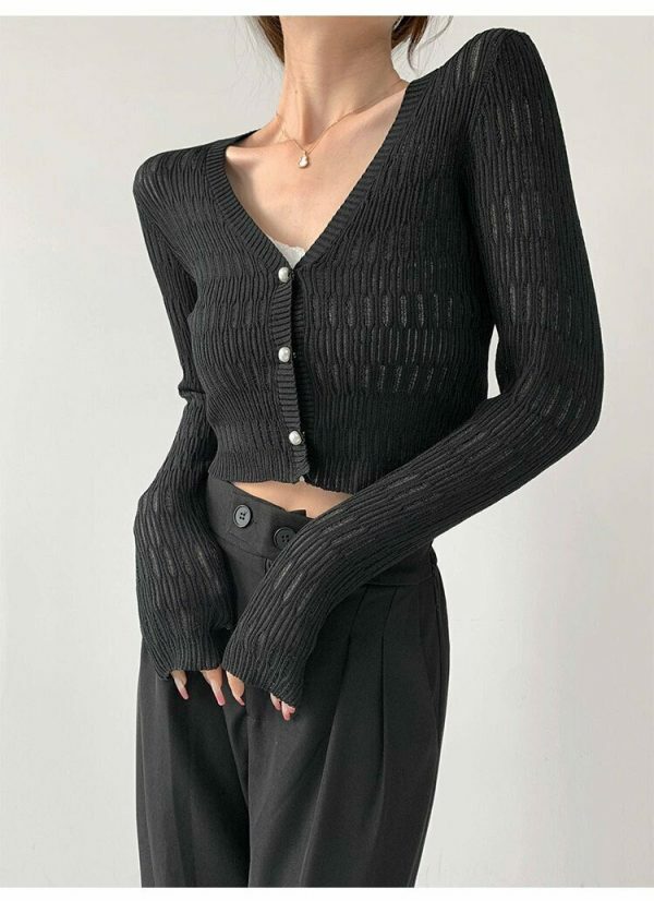 Black Ribbed Knitted Long Sleeves Cardigan Top with Closed Pearl Button V-Neck