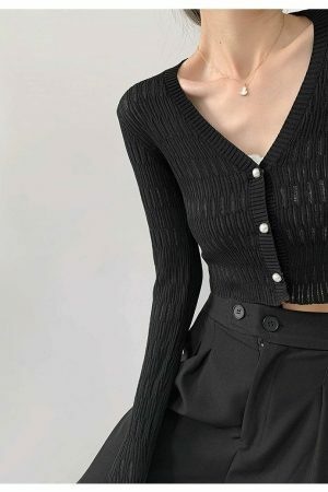 Black Ribbed Knitted Long Sleeves Cardigan Top with Closed Pearl Button V-Neck