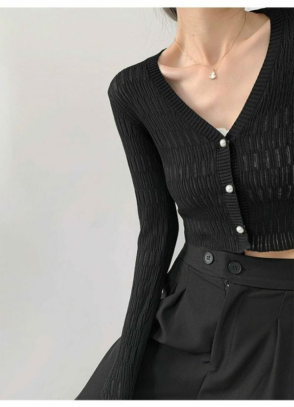 Black Ribbed Knitted Long Sleeves Cardigan Top with Closed Pearl Button V-Neck